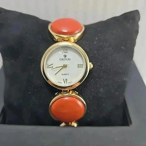 Croton Accessories - Womens Croton Watch Gold Red Orange Mother Of Pearl Dial Bracelet New Battery